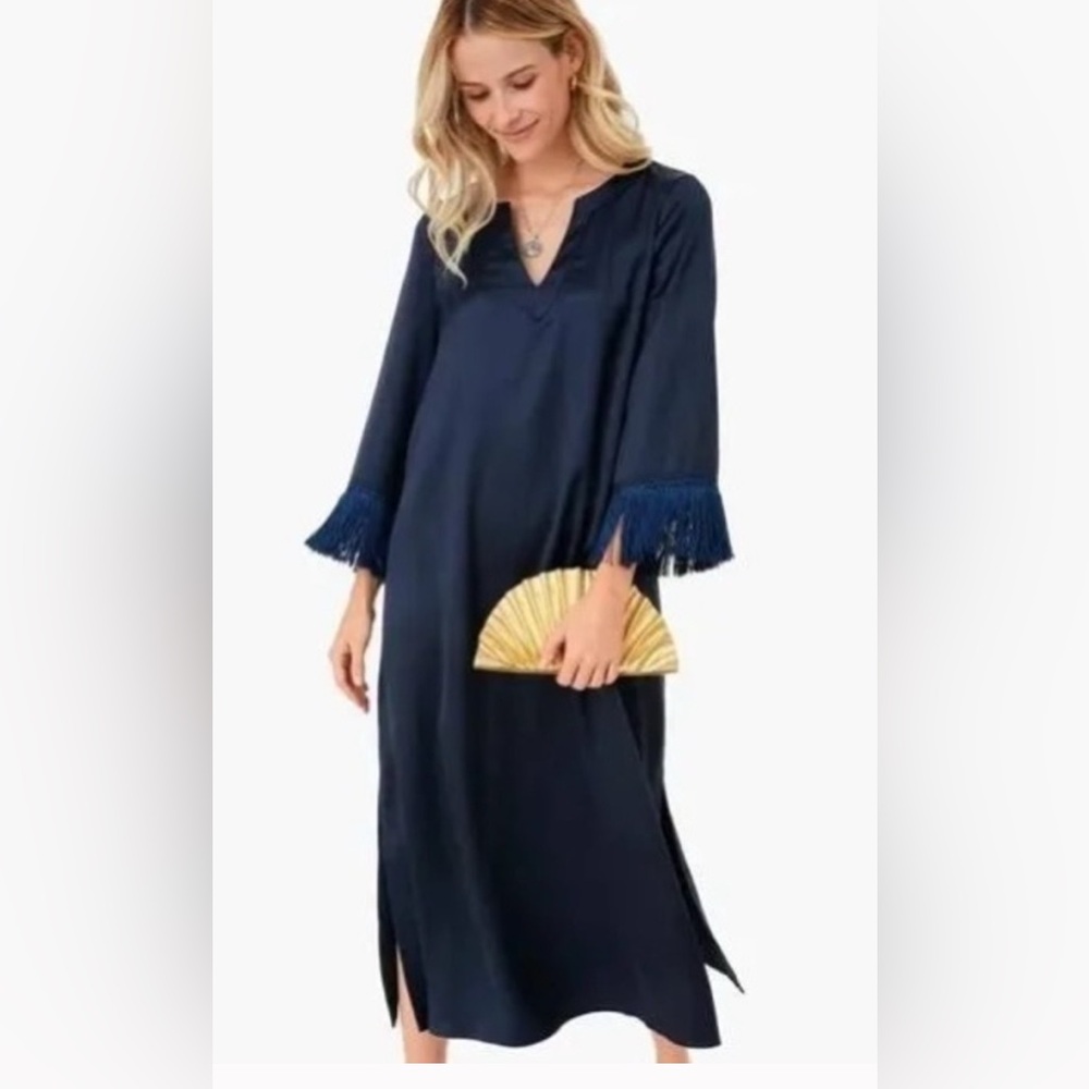 Tuckernuck Jamie navy fringe sleeve midi dress
